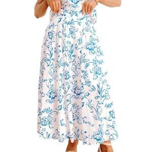 Entro White Blue Floral Cotton Cottagecore Coastal Flowy Feminine Maxi Skirt